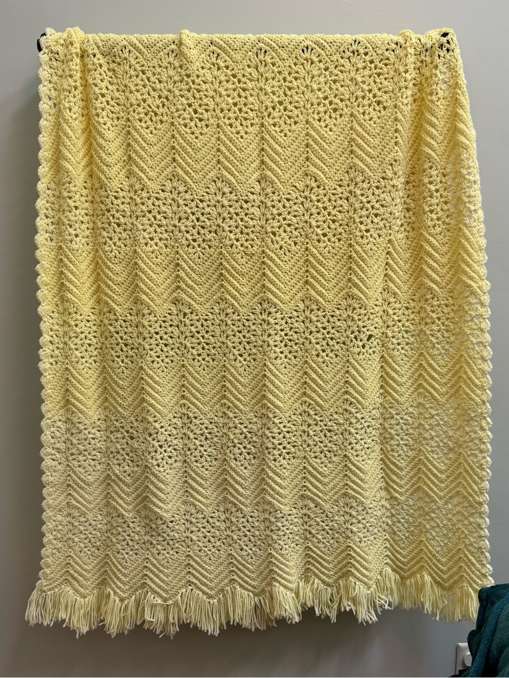 Vintage Hand Knit/Crochet Large Throw Blanket Light Yellow/Butter Yellow Fringed